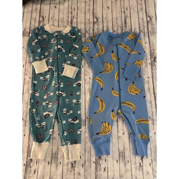 Lot Of 2 HANNA ANDERSSON Sleeper PJ Organic Cotton Zipper Bananas Birds 3-9mon - Picture 1 of 8